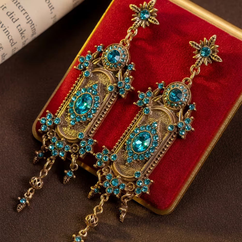 Vintage Victorian Style Teal Crystal Dangle Earrings Gold Tone Ornate Statement